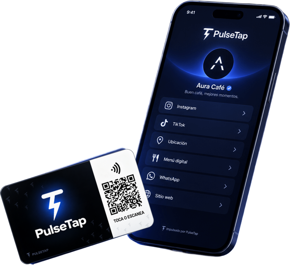 Tarjeta NFC de PulseTap junto a un teléfono que muestra la landing del negocio con sus enlaces.